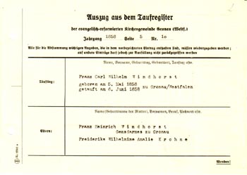 Taufregister Franz Carl Wilhelm Windhorst von 1858